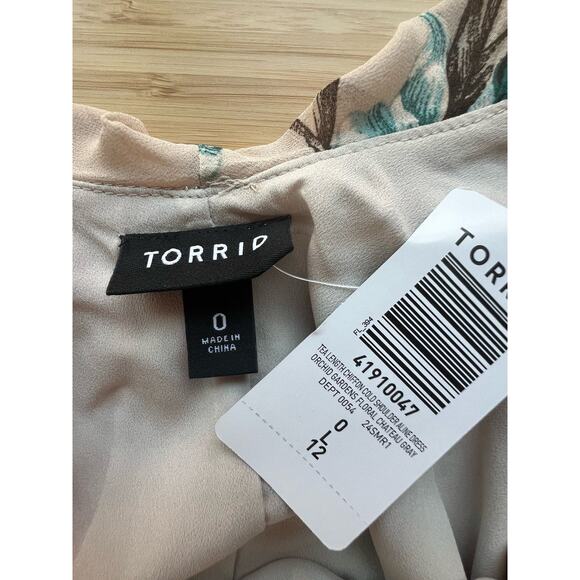 Torrid Sz 12 Chiffon Cold Shoulder Floral Tea Length Chateau Grey Dress NEW! - Picture 6 of 8